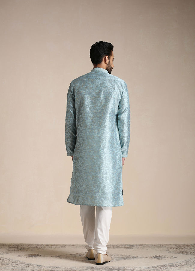 alt message - Manyavar Men Aquamarine Blue Jacquard Pattern Kurta Set image number 3